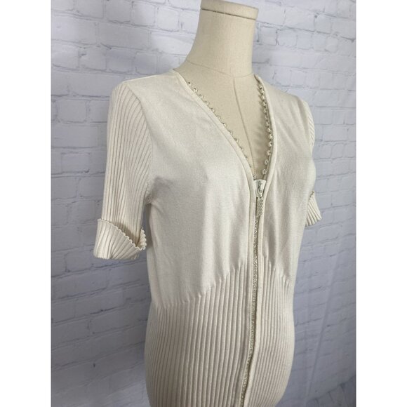 ⭐ 3/$15 Belldini Medium Cream Knit Ribbed Rhinestone Zipper Sweater - Picture 2 of 7